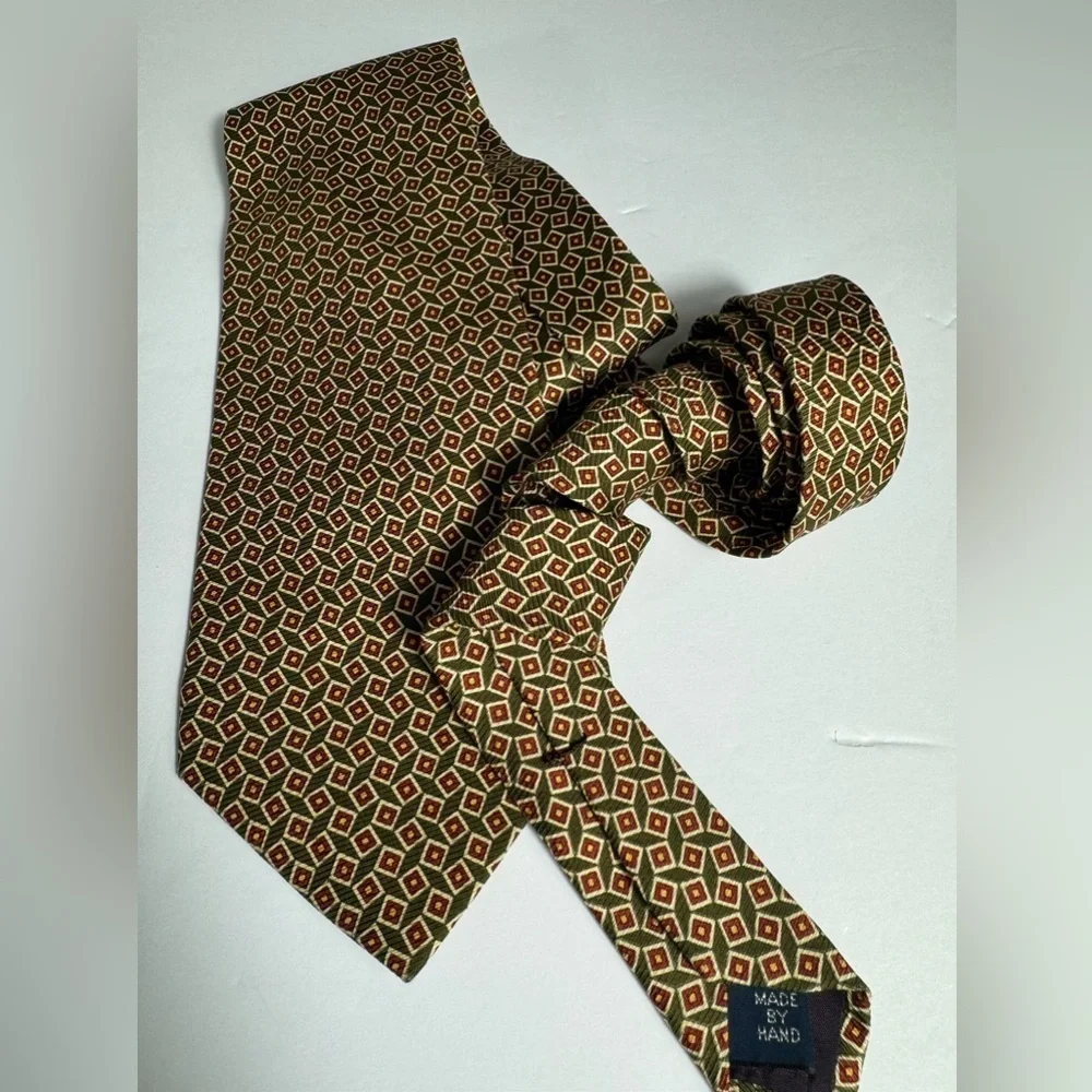 POLO RALPH LAUREN Necktie -Tie Handmade Usa Silk Green-Burgundy Squares